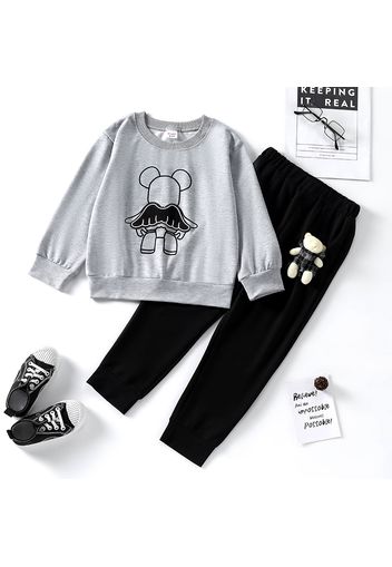 2-piece Kid Boy Bear Print Pullover Sweatshirt and Plaid/Black Pants Set (Bear Doll is included)