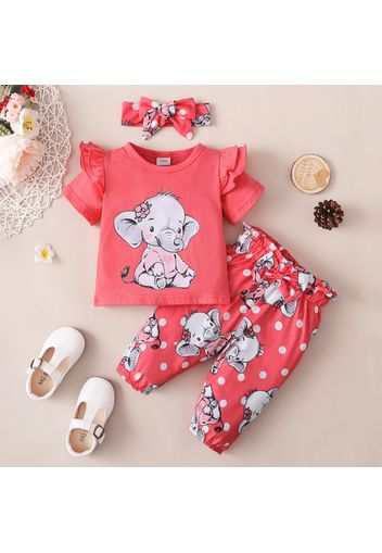 3pcs Baby Girl Cartoon Elephant Print Ruffle Short-sleeve T-shirt and Dots Bowknot Trousers with Headband Set