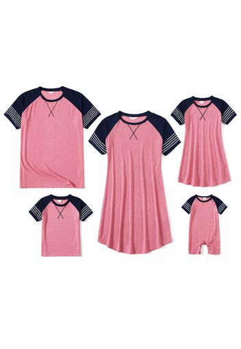 Colorblock Watermelon Red Family Matching Sets （Raglan Short-sleeve T-shirts Dresses）