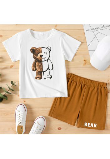 2-piece Kid Boy Animal Bear Print Short-sleeve Tee and Elasticized Shorts Set