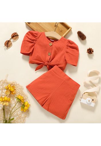 2pcs Toddler Girl 100% Cotton Button Design Tie Knot Puff-sleeve Top and Orange red Shorts Set