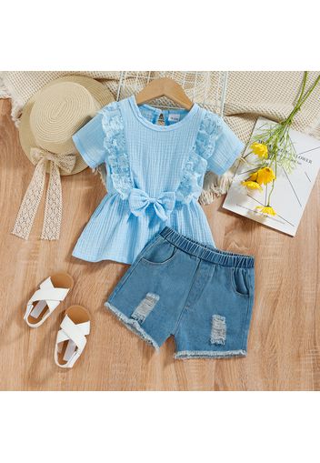 2pcs Toddler Girl Ruffled Lace Bowknot Design Peplum Ginger Top and Ripped Denim Shorts Set