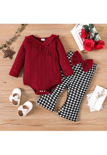 2pcs Baby Girl Solid Textured Ruffle Trim Surplice Neck Long-sleeve Romper and Bow Front Houndstooth Flared Pants Set