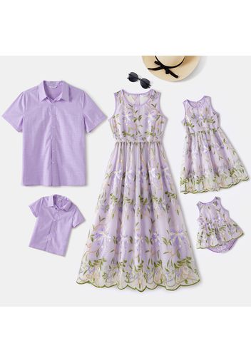 Family Matching Allover Floral Embroidered Mesh Tank Dresses and Purple Short-sleeve Shirts Sets