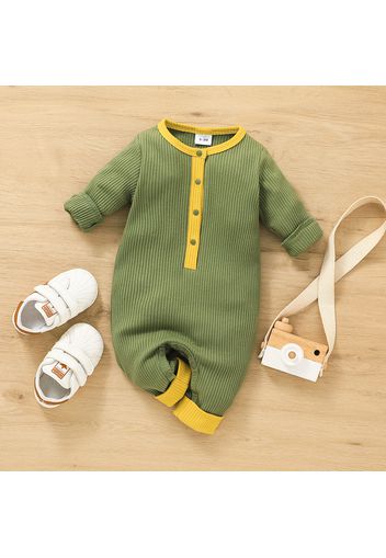 Ribbed Solid Splice Long-sleeve Baby Jumpsuit