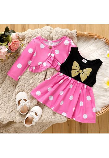 2pcs Baby Girl Butterfly Print Spliced Polka Dots Tank Dress and Ruffle Trim Long-sleeve Cardigan Set