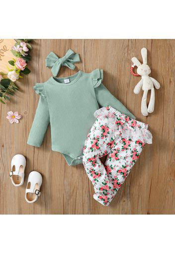 3pcs Baby Girl Solid Ribbed Ruffled Long-sleeve Romper and Floral Print Lace Pants with Headband Set