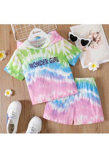 2pcs Kid Girl Tie Dyed Letter Print Hooded Short-sleeve Tee and Elasticized Shorts Set