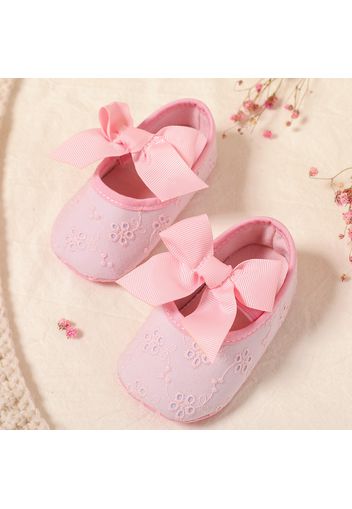 Baby / Toddler Ribbed Bow Decor Pink Embroidered Prewalker Shoes