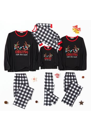 Family Matching Antler Print Plaid Christmas Pajamas Sets (Flame Resistant)