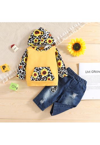 2pcs Baby Girl Sunflowers Floral Print Leopard Long-sleeve Hoodie and Denim Ripped Jeans Set