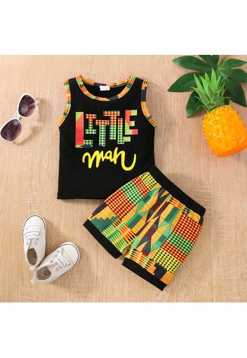 2pcs Baby Boy 95% Cotton Letter Print Tank Top and Geometric Pattern  Shorts Set