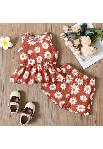 2pcs Toddler Girl Floral Print Ribbed Sleeveless Peplum Tee and Shorts Set