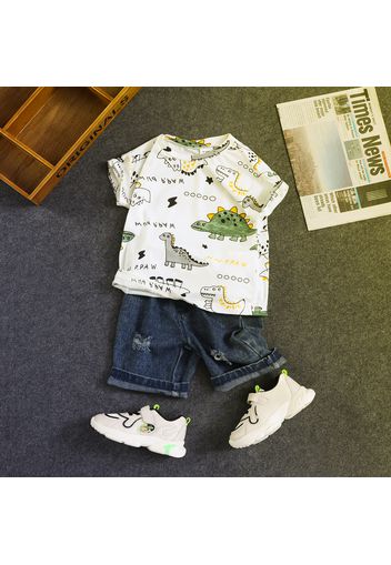 2pcs Toddler Boy Playful Ripped Denim Shorts and Dinosaur Print Tee Set