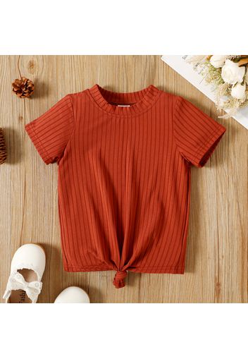 Toddler Girl Solid Color Tie Knot Ribbed Short-sleeve Tee