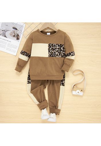 2-piece Baby / Toddler Girl Splice Colorblock Leopard Print Long-sleeve Pullover and Pants Set