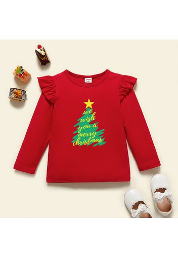 Christmas Toddler Girl Graphic Christmas Tree and Letter Print Ruffled Long-sleeve Tee