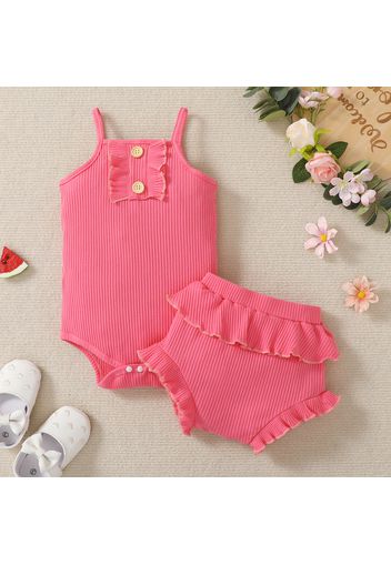 Cotton 2pcs Baby Girl Solid Ribbed Spaghetti Strap Ruffle Romper and Shorts Set