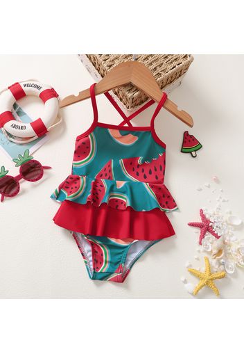 2pcs Baby Girl Allover Watermelon Print Spaghetti Strap Ruffle Two-Piece Swimsuit