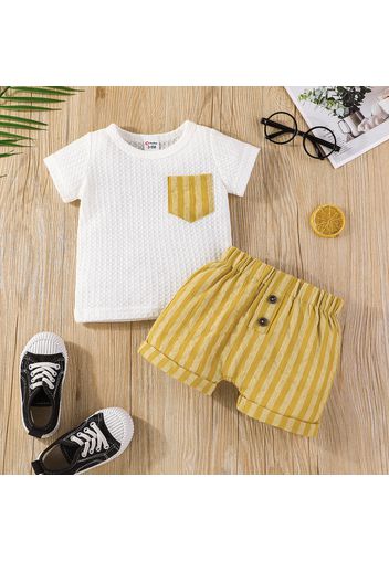 2pcs Baby Boy/Girl Waffle Short-sleeve T-shirt and Striped Shorts Set