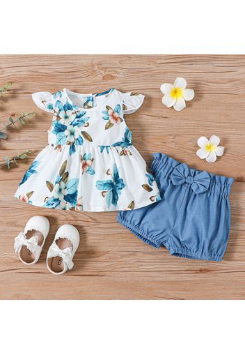 2pcs Baby Girl Allover Floral Print Flutter-sleeve Top and Solid Bowknot Shorts Set