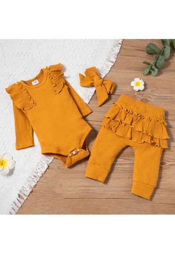 3pcs Baby Girl Solid Ribbed Cotton Long-sleeve Ruffle Romper and Trousers Set