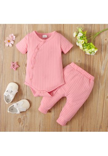 2pcs Baby Girl Solid Ribbed Short-sleeve Snap Romper and Pants Set