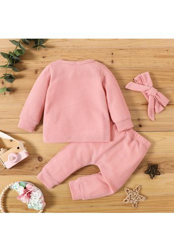 3pcs Baby Girl Solid Waffle Long-sleeve Top and Trousers Set