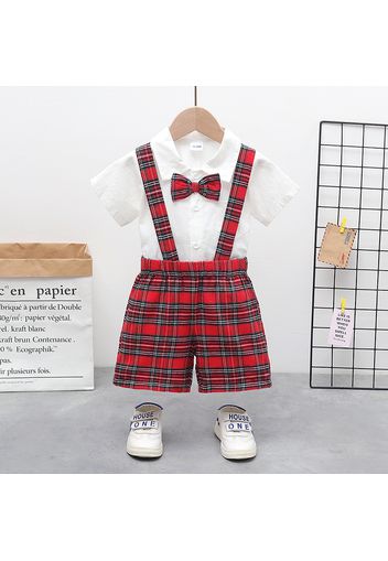 2pcs Toddler Boy Gentleman Suit, Bow tie Design White Shirt and Plaid Suspender Shorts Set