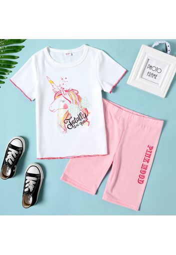 2-piece Kid Girl Unicorn Print Lettuce Trim Short-sleeve Tee and Letter Print Shorts Set