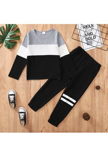 2-piece Kid Boy Colorblock Long-sleeve Top and Striped Pants Set