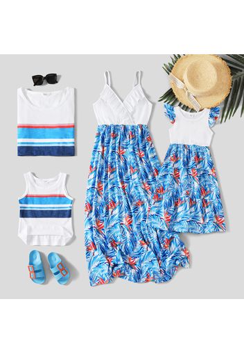 Family Matching Solid V Neck Spaghetti Strap Splicing Plant Print  Dresses and 100% Cotton Sleeveless Tank Tops Sets