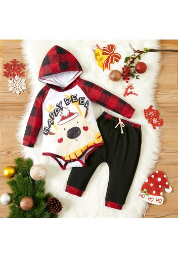 Christmas 2pcs Baby Boy Deer and Letter Print Plaid Long-sleeve Hooded Romper and Trousers Set