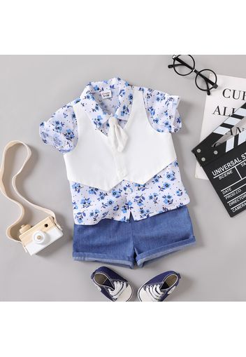 2pcs Baby Boy Waistcoat Faux-two Necktie Design Blue Floral Print Top and Solid Shorts Set