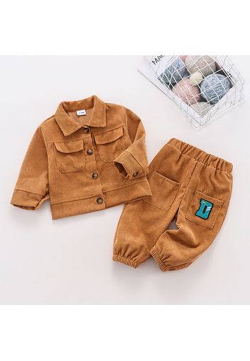 2pcs Baby Khaki Lapel Button Down Long-sleeve Jacket and Pants Set