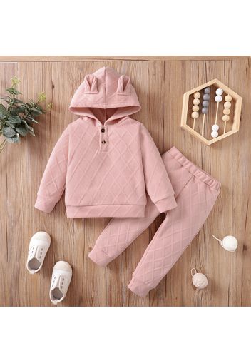 2-piece Toddler Girl Textured Button Design Hoodie Sweatshirt and Solid Color Pants Set