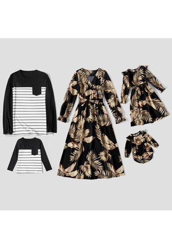 Family Matching All Over Leaves Print Belted Long-sleeve Dresses and Striped T-shirts Sets