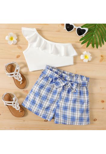 2-piece Kid Girl One Shoulder Flounce Sleeveless Tee and Belted Plaid Paperbag Shorts Set