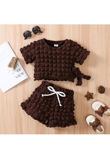 2pcs Toddler Girl Bubble Crepe Textured Short-sleeve Tee and Bowknot Design Brown Shorts Set