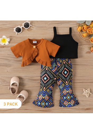 100% Cotton 3pcs Baby Girl Short-sleeve Ribbed Cardigan and Spaghetti Strap Top with Geometric Print Flared Pants Set