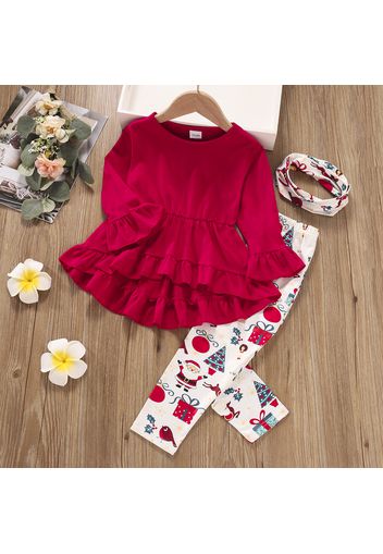 3-piece Toddler Girl Ruffle Hem Long Bell sleeves Red Top, Santa Christmas Tree Print Pants and Scarf Set