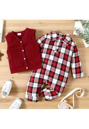 2pcs Baby Boy/Girl Vintage Plaid Long-sleeve Jumpsuit and Solid Textured Vest Set