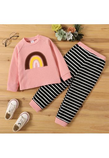 2-piece Toddler Girl Rainbow Embroidered Raglan Sleeve Sweater and Stripe Pants Set