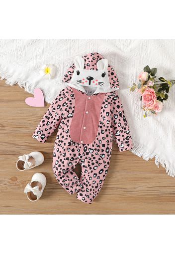 Baby Girl Pink Leopard Print 3D Ears Hooded Long-sleeve Spliced Jumpsuit