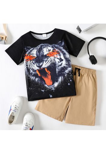 2pcs Kid Boy Animal Tiger Print Short-sleeve Black Tee and Khaki Shorts Set