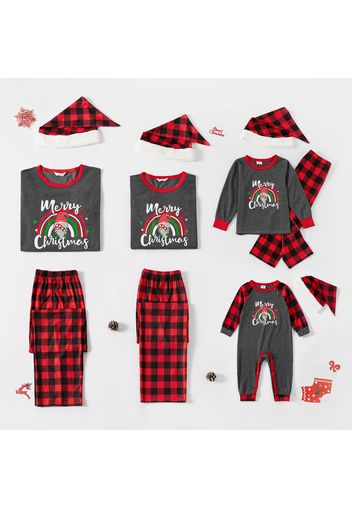 Merry Christmas Letter and Rainbow Print Family Matching Long-sleeve Red Plaid Pajamas Sets (Flame Resistant)