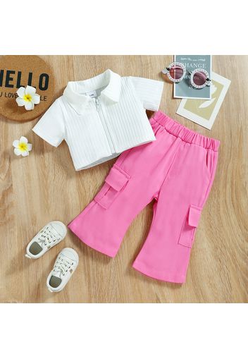 2pcs Baby Girl Rib Knit Short-sleeve Zip Crop Top and Flared Pants Set