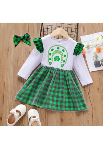 St. Patrick's Day Toddler Girl Lucky Clover Print Green Plaid Mesh Design Splice Long-sleeve Dress