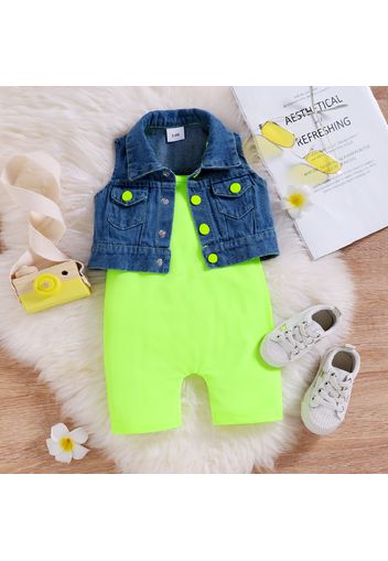 2pcs Baby Girl Denim Vest and Fluorescent Green Cami Romper Set