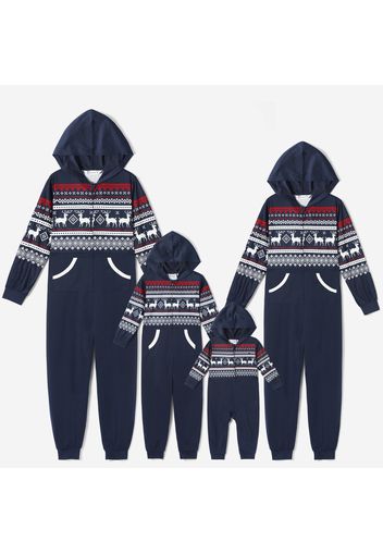 Christmas Reindeer Print Splicing Blue Family Matching Long-sleeve Hooded Onesies Pajamas Sets (Flame Resistant)